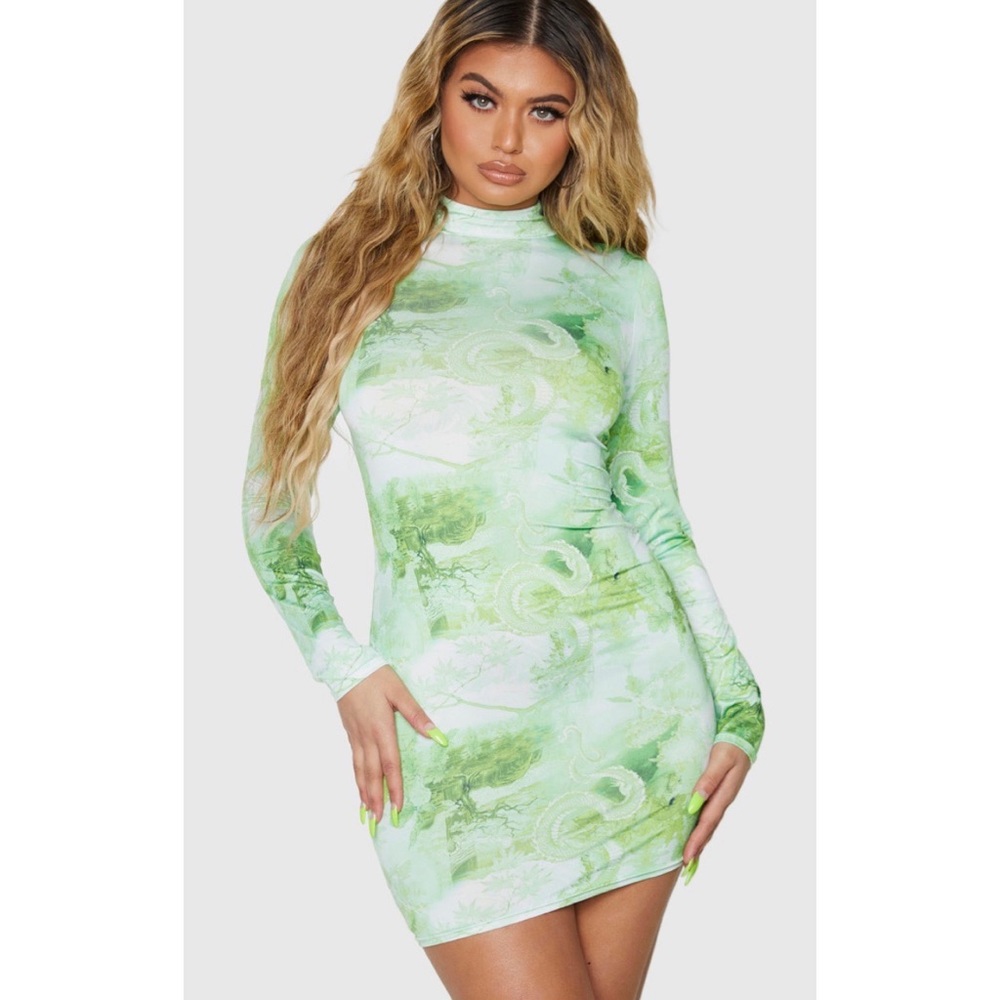 New PrettyLittleThing Dragon Print High Neck Dress